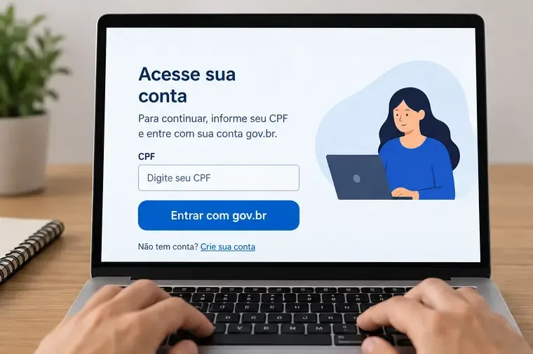 Tela ilustrativa de acesso ao Meu INSS com campo de CPF e botão Entrar com gov.br em um notebook