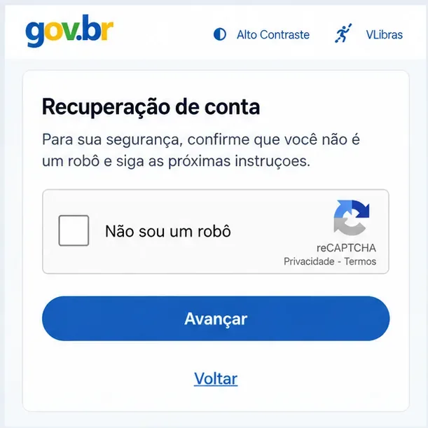 Tela de recuperação de conta com a verificação Não sou um robô e botão Avançar