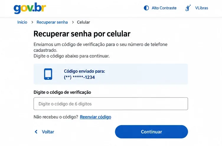 Tela de recuperação de senha por celular com campo para código de verificação