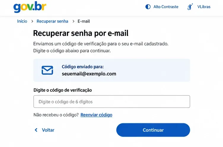 Tela de recuperação de senha por e-mail com campo para código de verificação