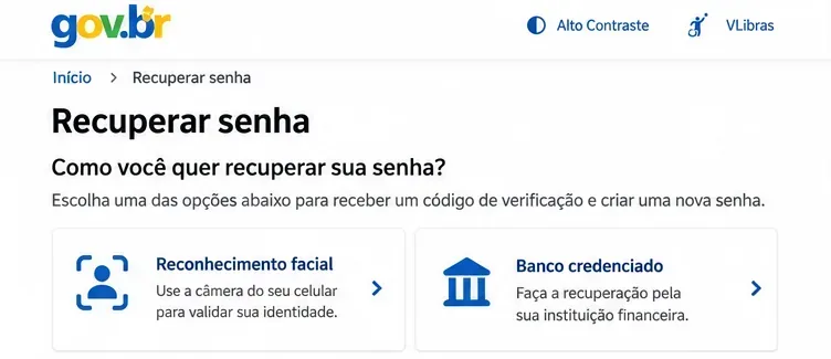 Tela de referência com opções de recuperação por reconhecimento facial e banco credenciado