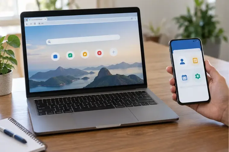Notebook e celular lado a lado mostrando telas genéricas de navegação e aplicativo