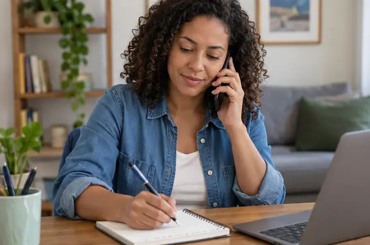 Pessoa falando ao telefone enquanto anota informações em um caderno ao lado de um notebook