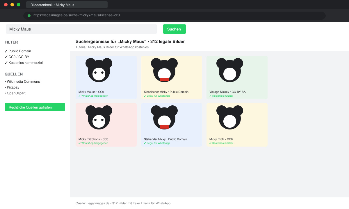 Screenshot einer Bilddatenbank mit Suchergebnissen für Micky Maus