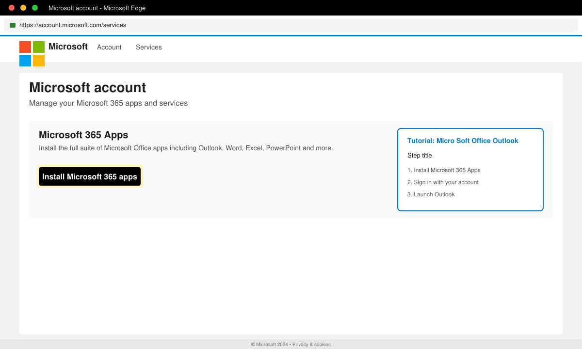 Screenshot of the Microsoft account page highlighting the Install button for Office apps