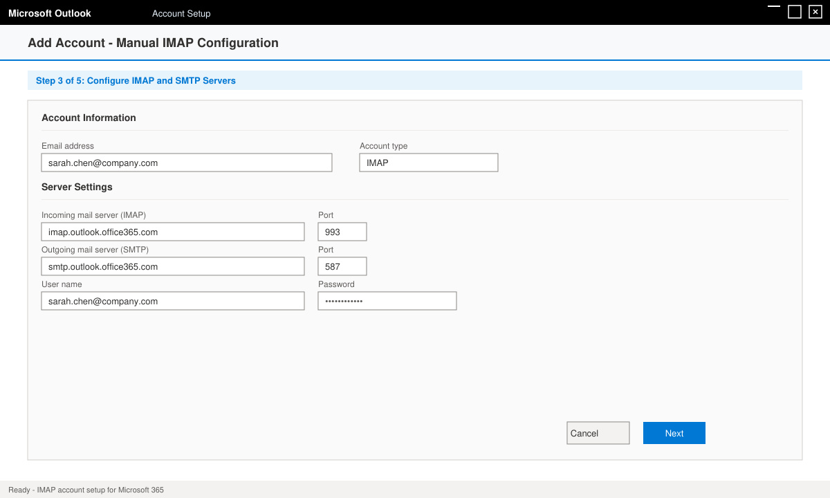 Micro Soft Office Outlook account setup wizard showing IMAP server fields