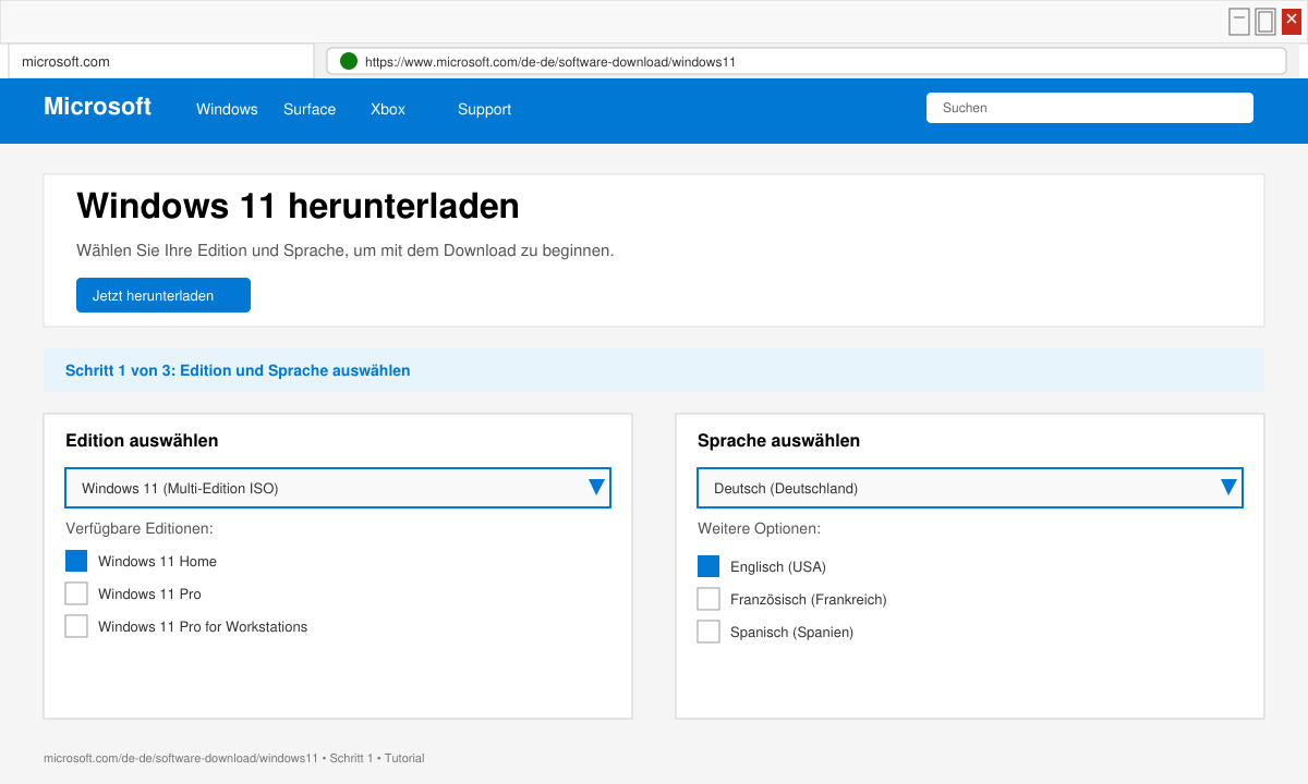 Browserfenster zeigt die Windows 11 Download-Seite mit Auswahlmöglichkeiten