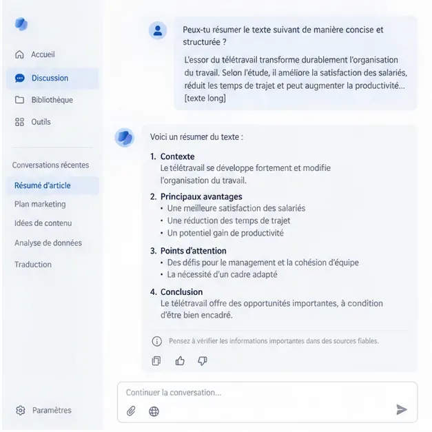 Conversation Copilot en français affichant une demande de résumé et une réponse structurée avec un rappel de vérifier les informations.