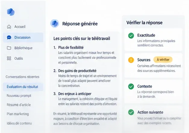 Interface d’évaluation d’une réponse Copilot avec une checklist Exactitude, Sources, Contexte et Action suivante, dont les sources sont à vérifier.