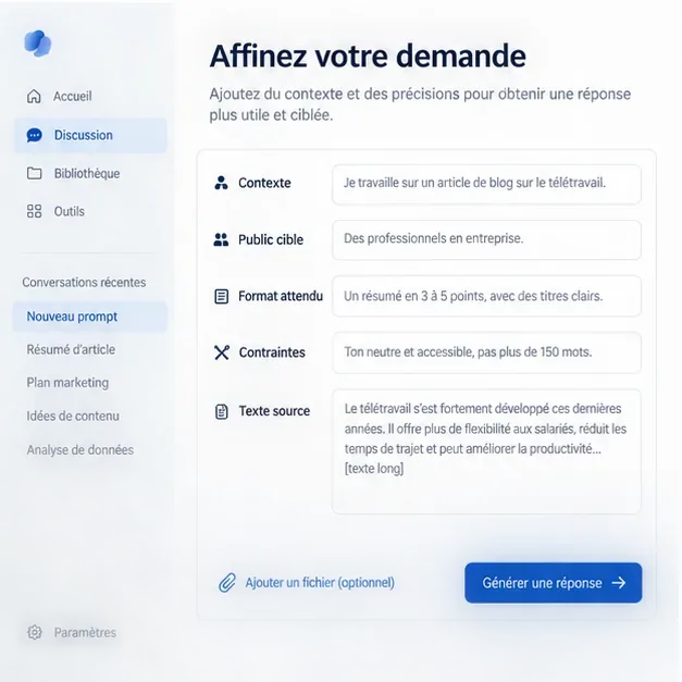 Écran de préparation d’une demande Copilot montrant le contexte, le public cible, le format, les contraintes et le texte source.