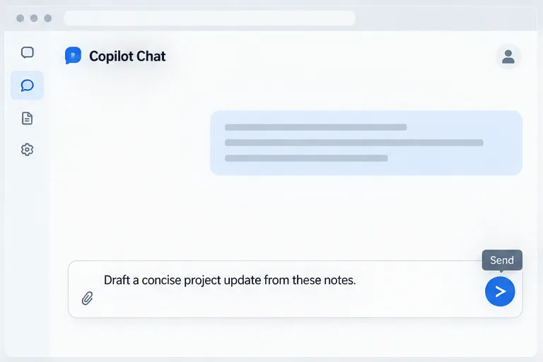 Copilot Chat composer containing a concise project-update request and a send arrow, illustrating how to enter a clear prompt.