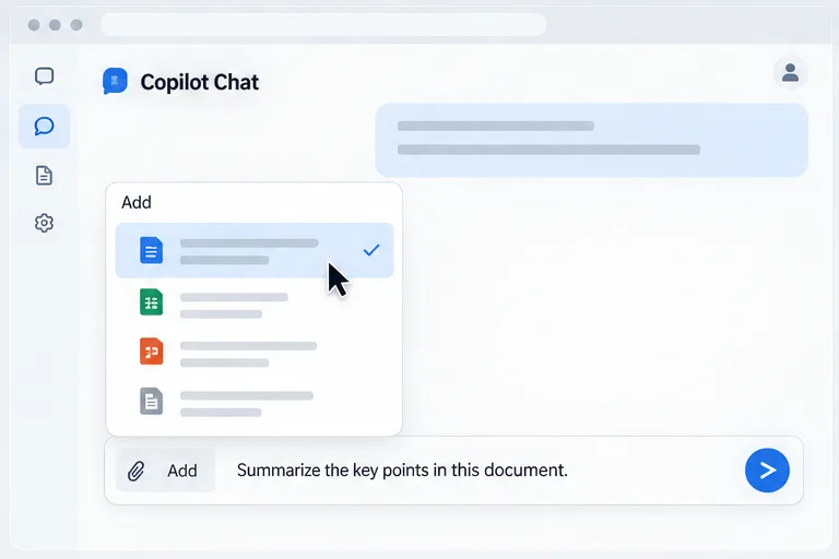 Copilot Chat with an Add menu open above the prompt composer, showing a document selected as a source for a summary request.