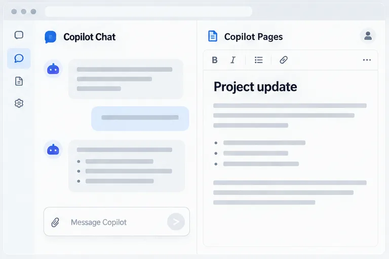 A side-by-side Copilot Chat and Copilot Pages view with an editable Project update draft, illustrating how to refine a response on a page.