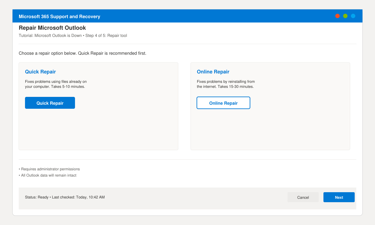 Microsoft 365 repair options screen with Quick Repair and Online Repair buttons