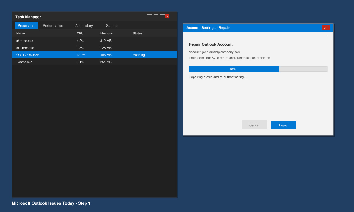 Windows Task Manager with Outlook process highlighted and Account Settings window open