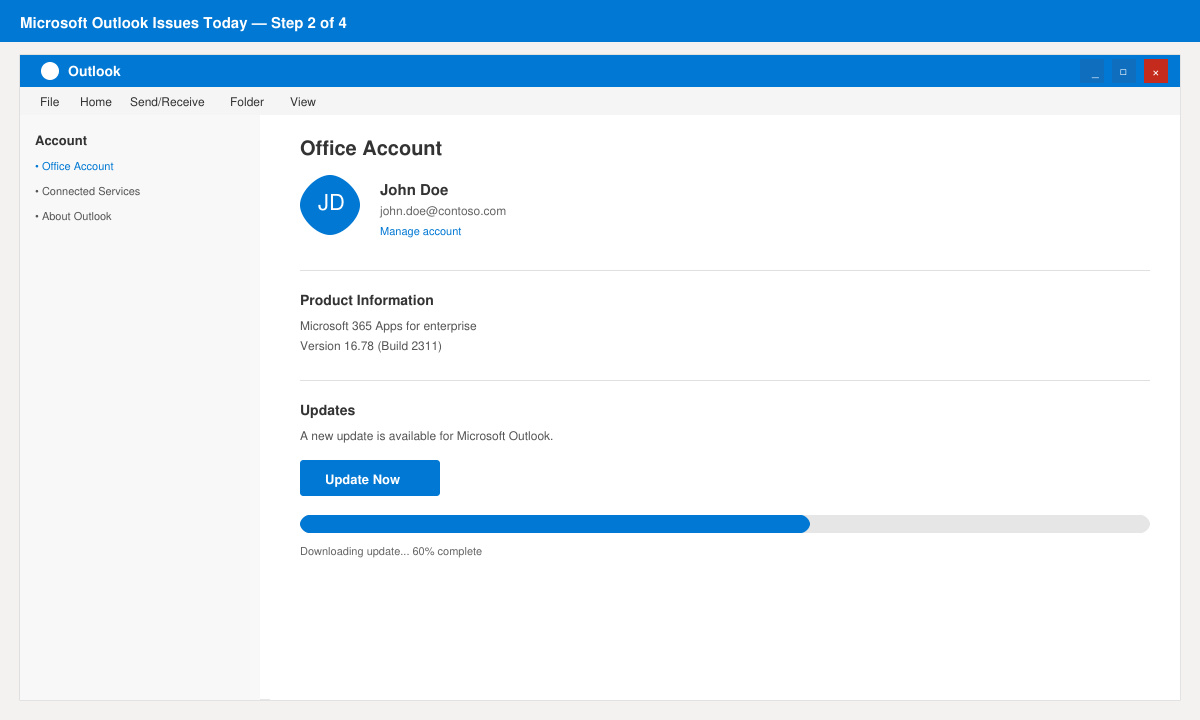 Outlook update progress screen within the Office Account settings panel