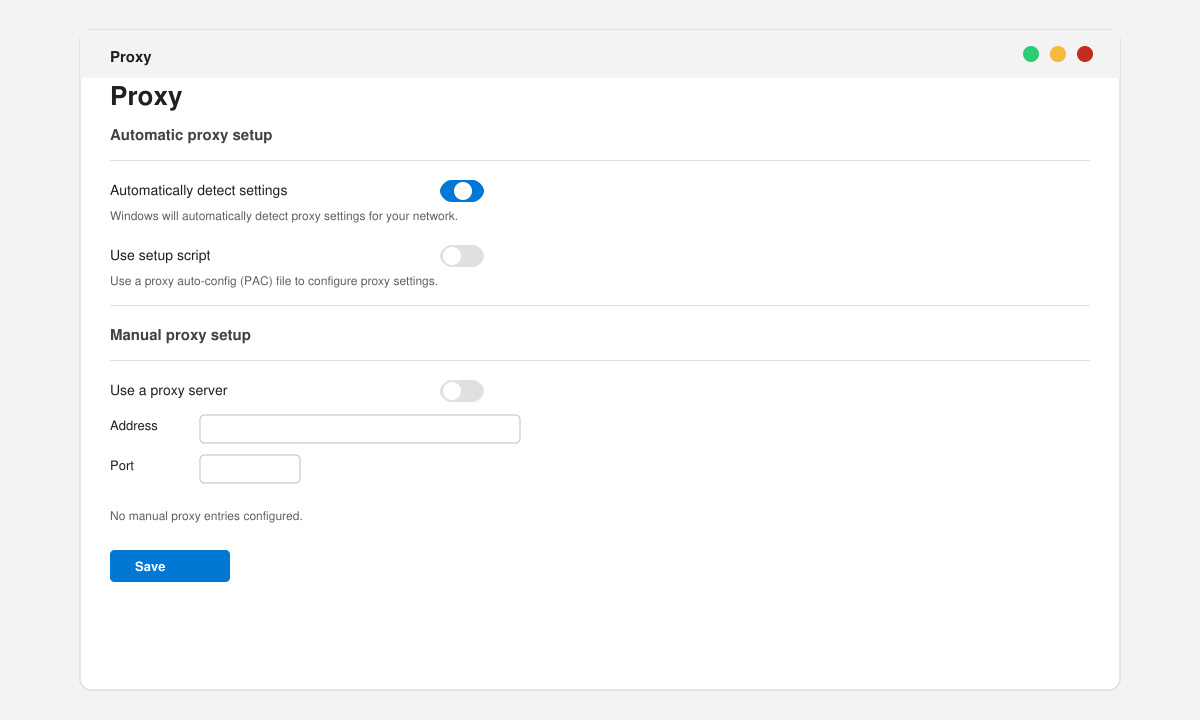 Windows proxy settings window with automatic detection highlighted