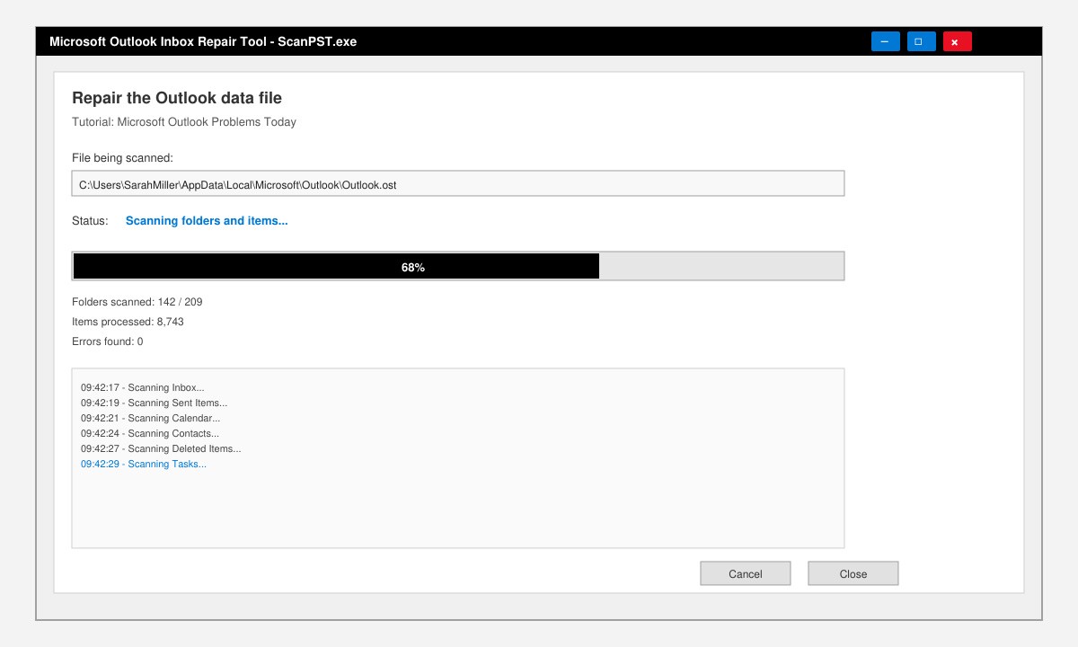 ScanPST.exe repair tool interface with progress bar during .ost file scan