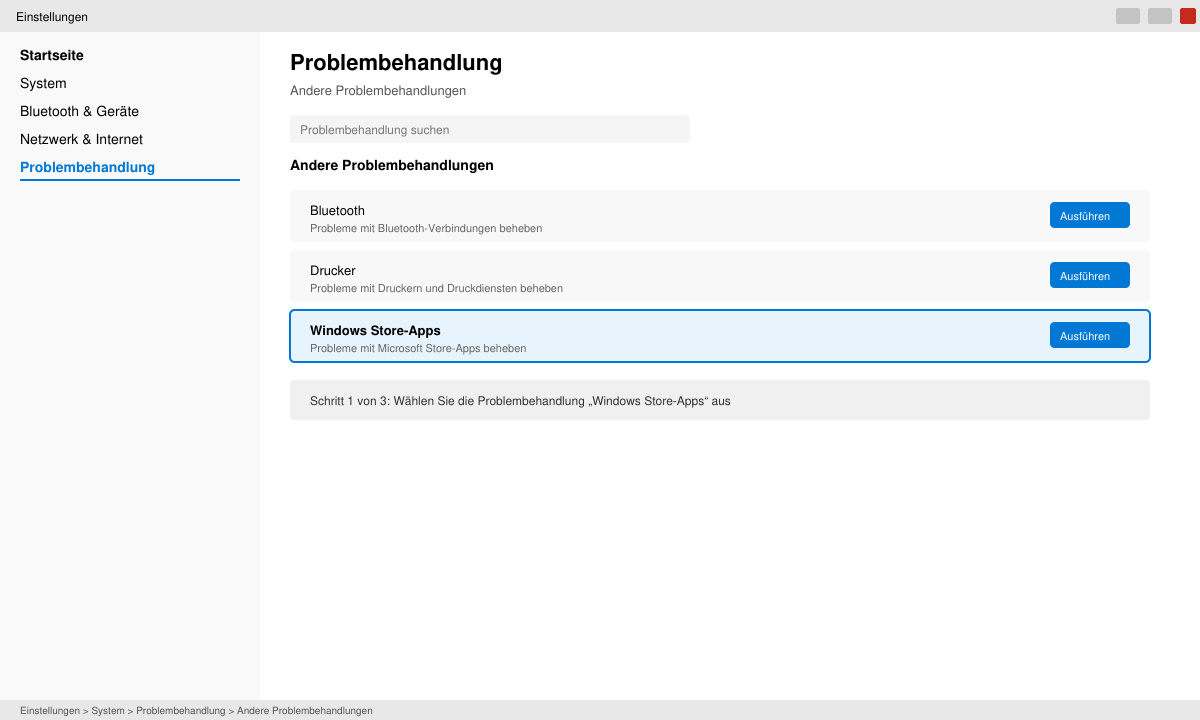 Windows 11 Einstellungen mit geöffneter Problembehandlung für Store-Apps