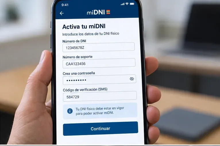 Pantalla orientativa de activación de miDNI con campos para número de DNI, soporte, contraseña y código de verificación por SMS