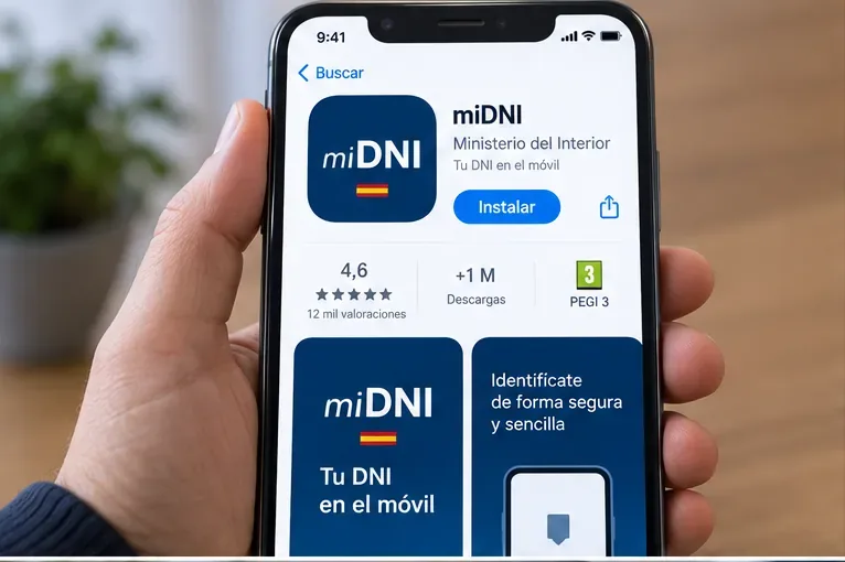 Teléfono mostrando una representación orientativa de la ficha de la aplicación oficial miDNI en una tienda de aplicaciones