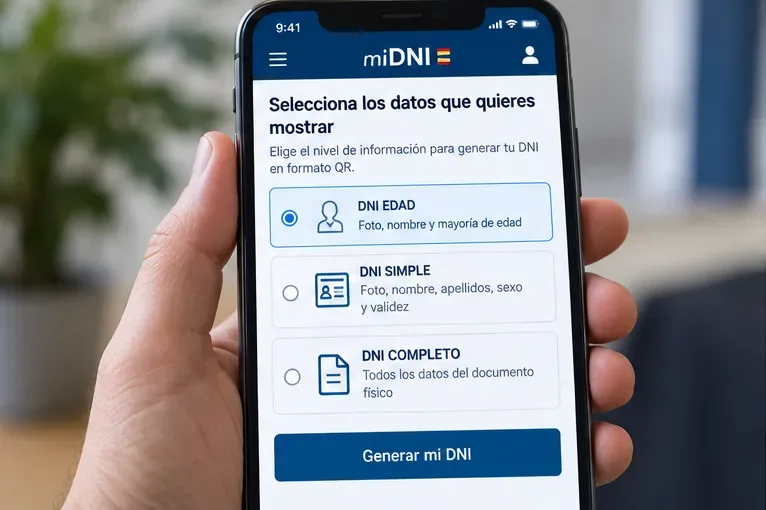 Pantalla orientativa de miDNI con las opciones DNI EDAD, DNI SIMPLE y DNI COMPLETO para elegir qué información mostrar