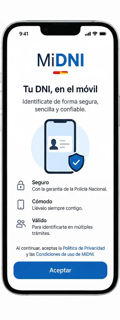Pantalla orientativa de bienvenida de MiDNI con el botón para aceptar las condiciones antes de iniciar la activación.