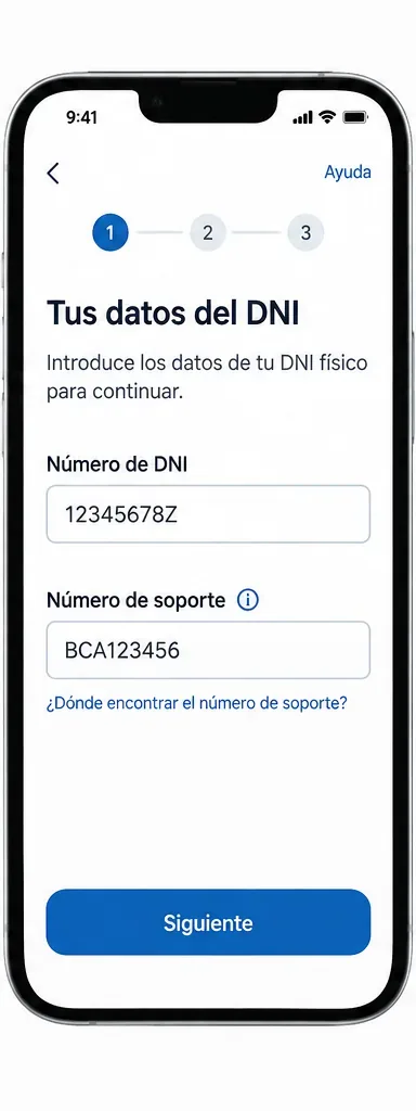 Pantalla orientativa para introducir el número de DNI y el número de soporte del documento físico.