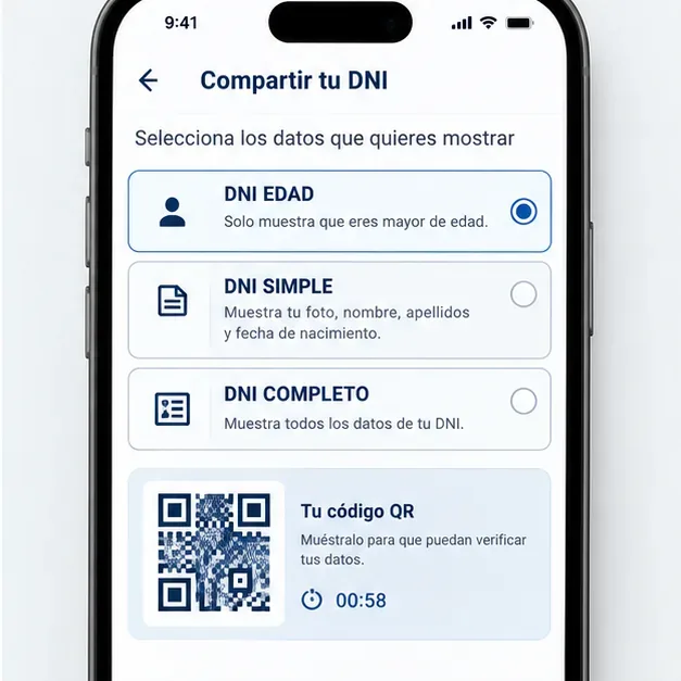 Pantalla orientativa con las opciones DNI Edad, DNI Simple y DNI Completo y un código QR temporal.