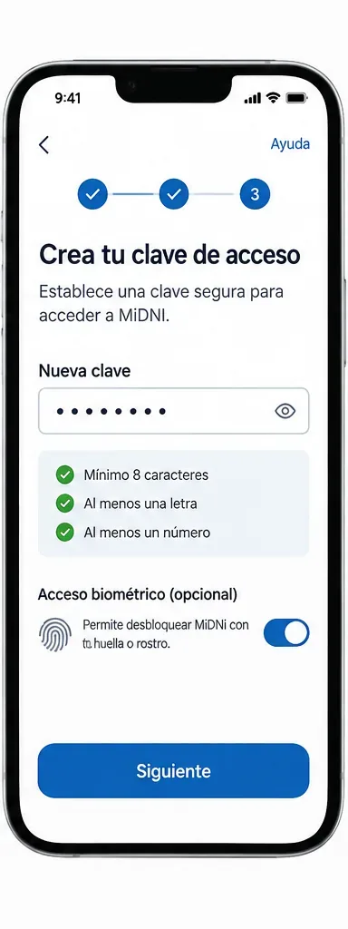 Pantalla orientativa para crear la contraseña de acceso y habilitar, de forma opcional, el desbloqueo biométrico.