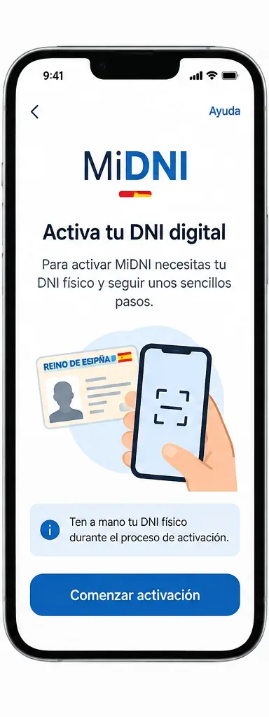 Pantalla orientativa de MiDNI con la opción «Comenzar activación» y un recordatorio de tener a mano el DNI físico.