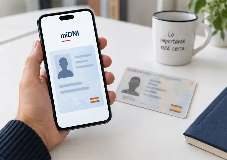 La vista de identidad de miDNI aparece en un teléfono mientras el DNI físico permanece sobre la mesa