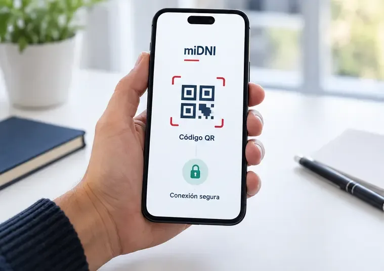 Un teléfono muestra un código QR de miDNI junto a un indicador de conexión segura