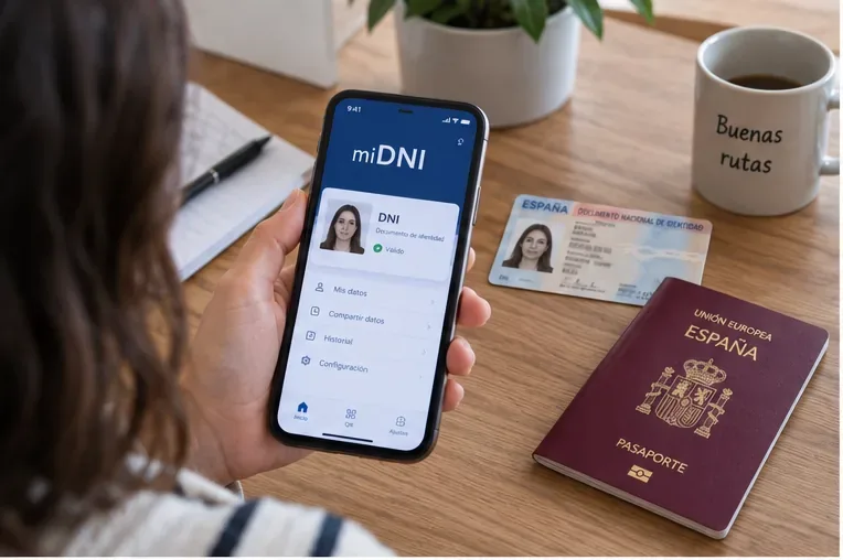 Viajera comparando la aplicación miDNI en su teléfono con un DNI físico y un pasaporte español sobre una mesa