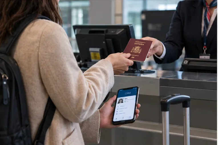Viajera entregando un pasaporte físico en un mostrador de aeropuerto mientras lleva el teléfono en la otra mano
