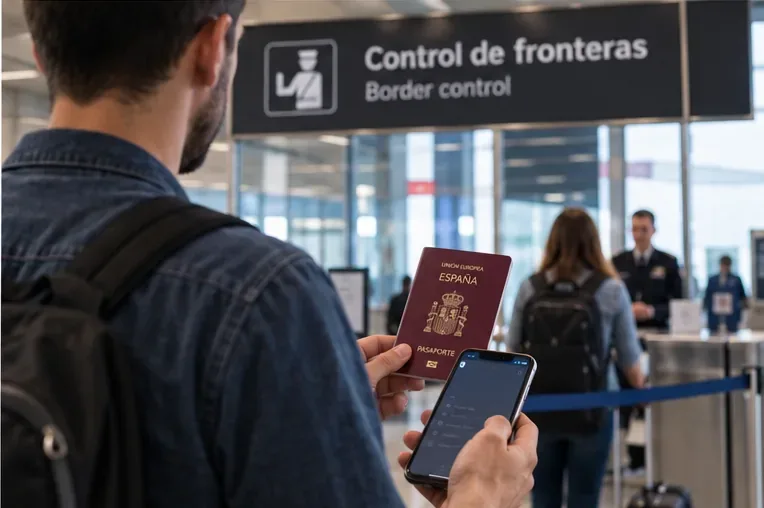 Viajero ante un control de fronteras con pasaporte español físico en una mano y teléfono móvil en la otra