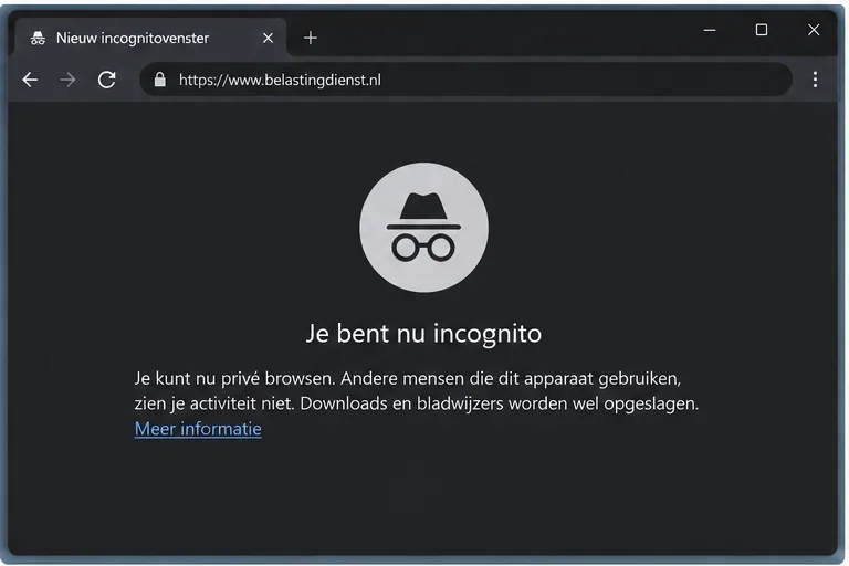 Schermillustratie van een incognitovenster in een browser met de website van de Belastingdienst in de adresbalk