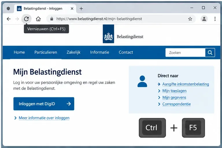 Schermillustratie van Mijn Belastingdienst in een browser met een Ctrl plus F5-verversactie