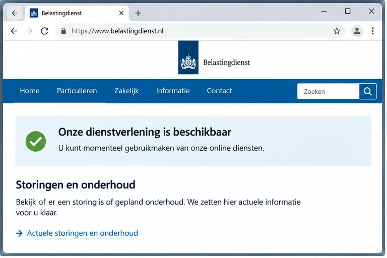 Schermillustratie van een Belastingdienst-pagina met een melding dat de dienstverlening beschikbaar is en een link naar storingen en onderhoud
