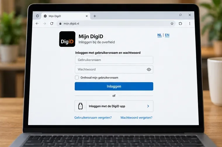 Laptop met de Mijn DigiD-inlogpagina met gebruikersnaam, wachtwoord en optie om de DigiD-app te gebruiken