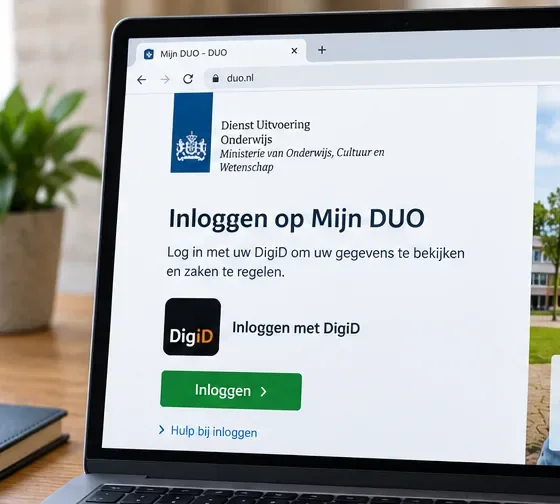 Laptop met een Mijn DUO-inlogpagina en een duidelijke knop om met DigiD in te loggen
