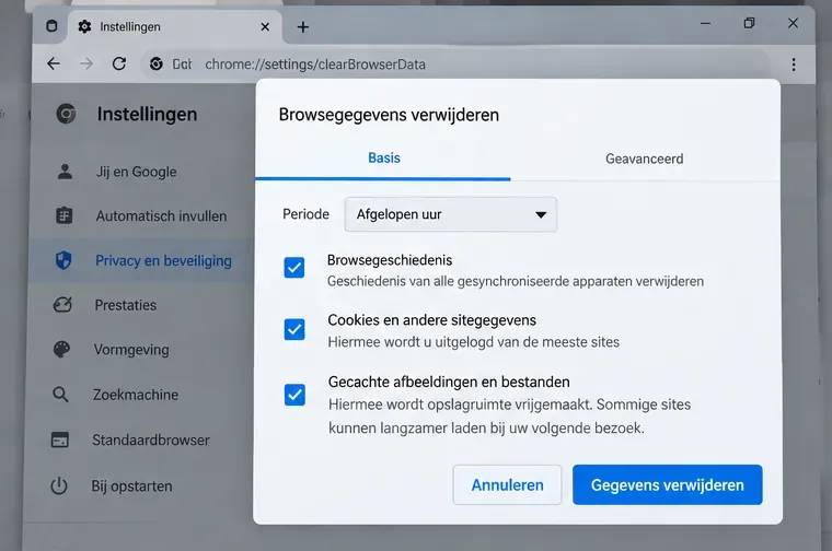 Browserinstellingen met het venster voor het verwijderen van browsegeschiedenis, cookies en gecachte bestanden