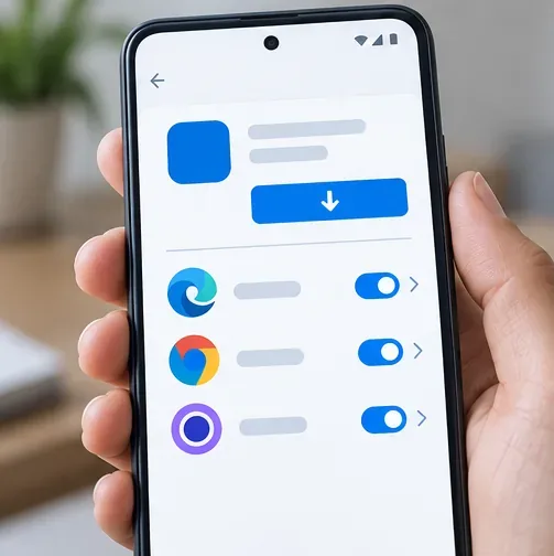 Een Android-telefoon met een app-update en browserinstellingen