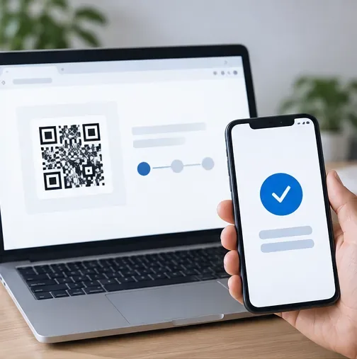 Een laptop met een QR-code en een smartphone met een beveiligingsbevestiging