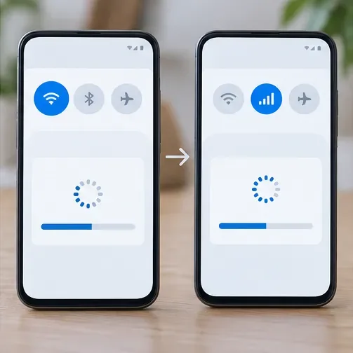 Twee smartphones die wisselen van wifi naar mobiele data tijdens een laadproces