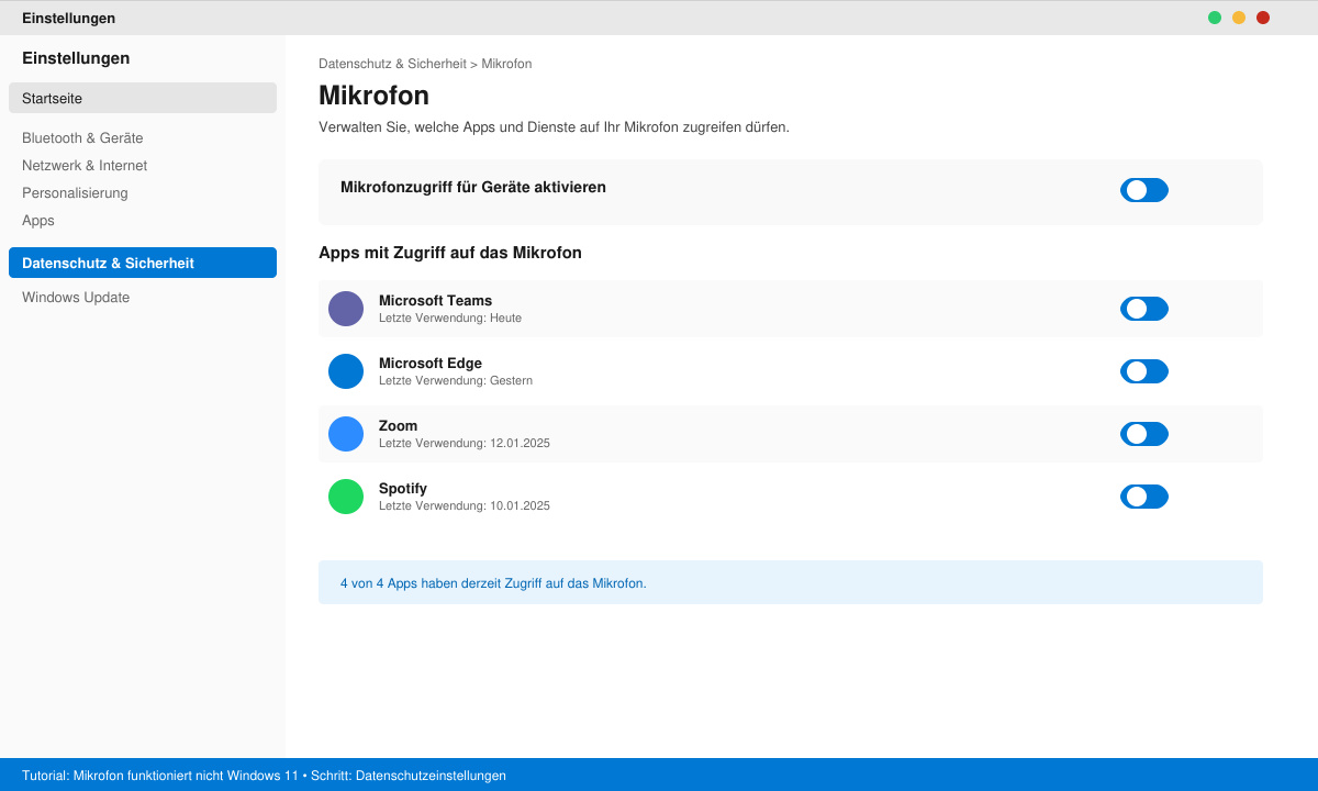 Windows 11 Mikrofon-Datenschutzmenü mit aktivierten Schaltern