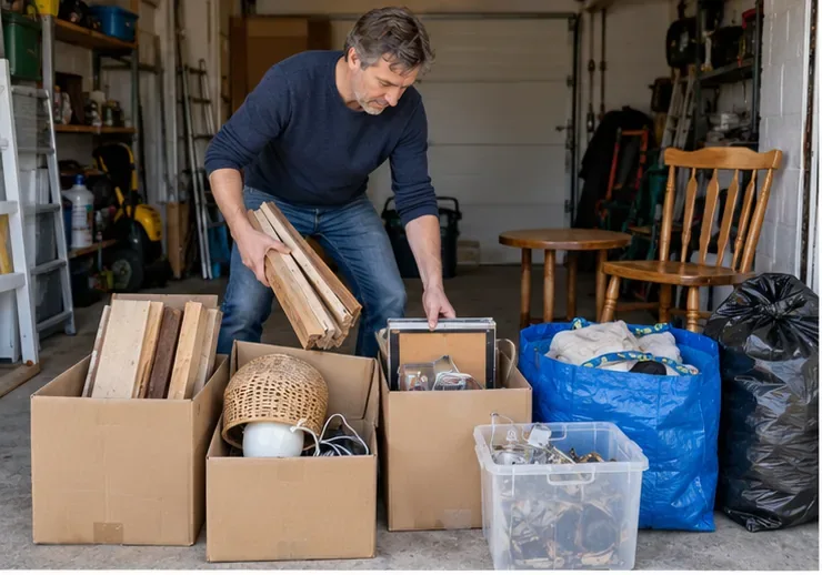 Een bewoner sorteert hout, huisraad en andere spullen in dozen voordat hij ze naar het recycleplein brengt.