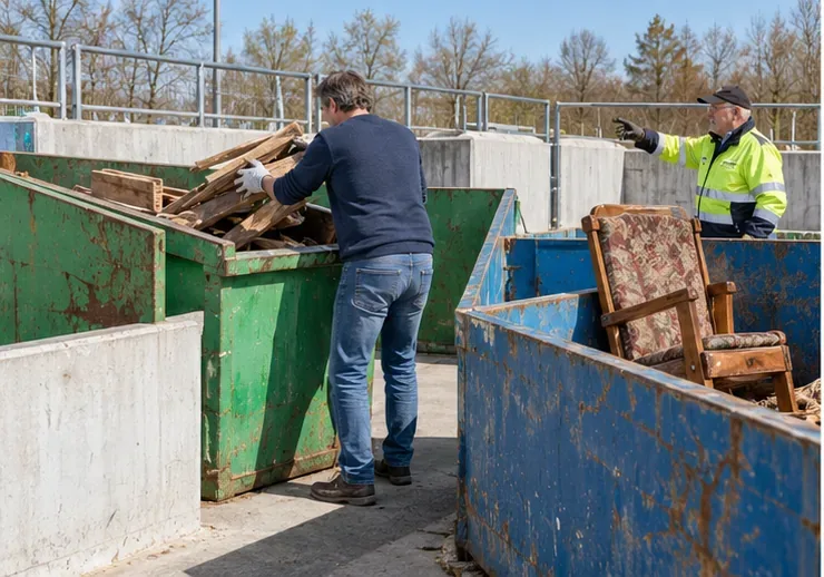 Een bezoeker brengt houten delen naar een container terwijl een medewerker naar de juiste plek wijst.