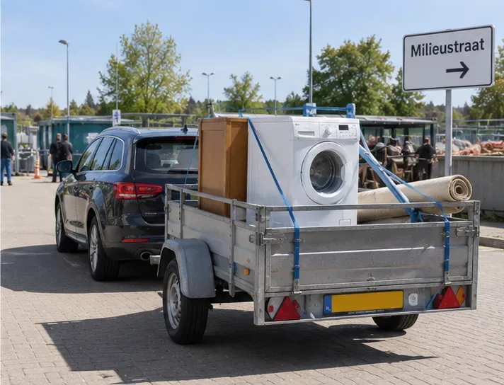 Auto met aanhanger vol grofvuil rijdt richting een milieustraat met containers op de achtergrond