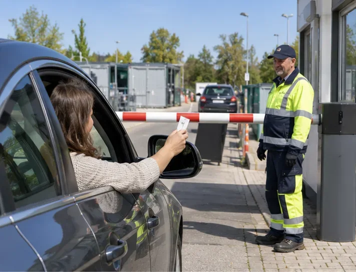 Bestuurder toont bij de slagboom van een recyclingperron een toegangspas aan een medewerker